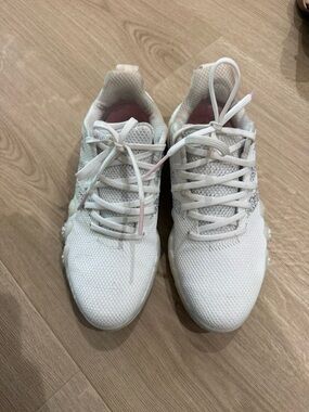 adidas White Knit Athletic Sneakers with Subtle Pink Accents boost